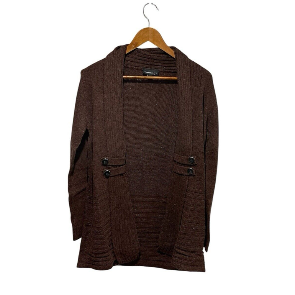 Fortune+Ivy Brown Tab Button Detail Open Front Cardigan Small Shimmer
